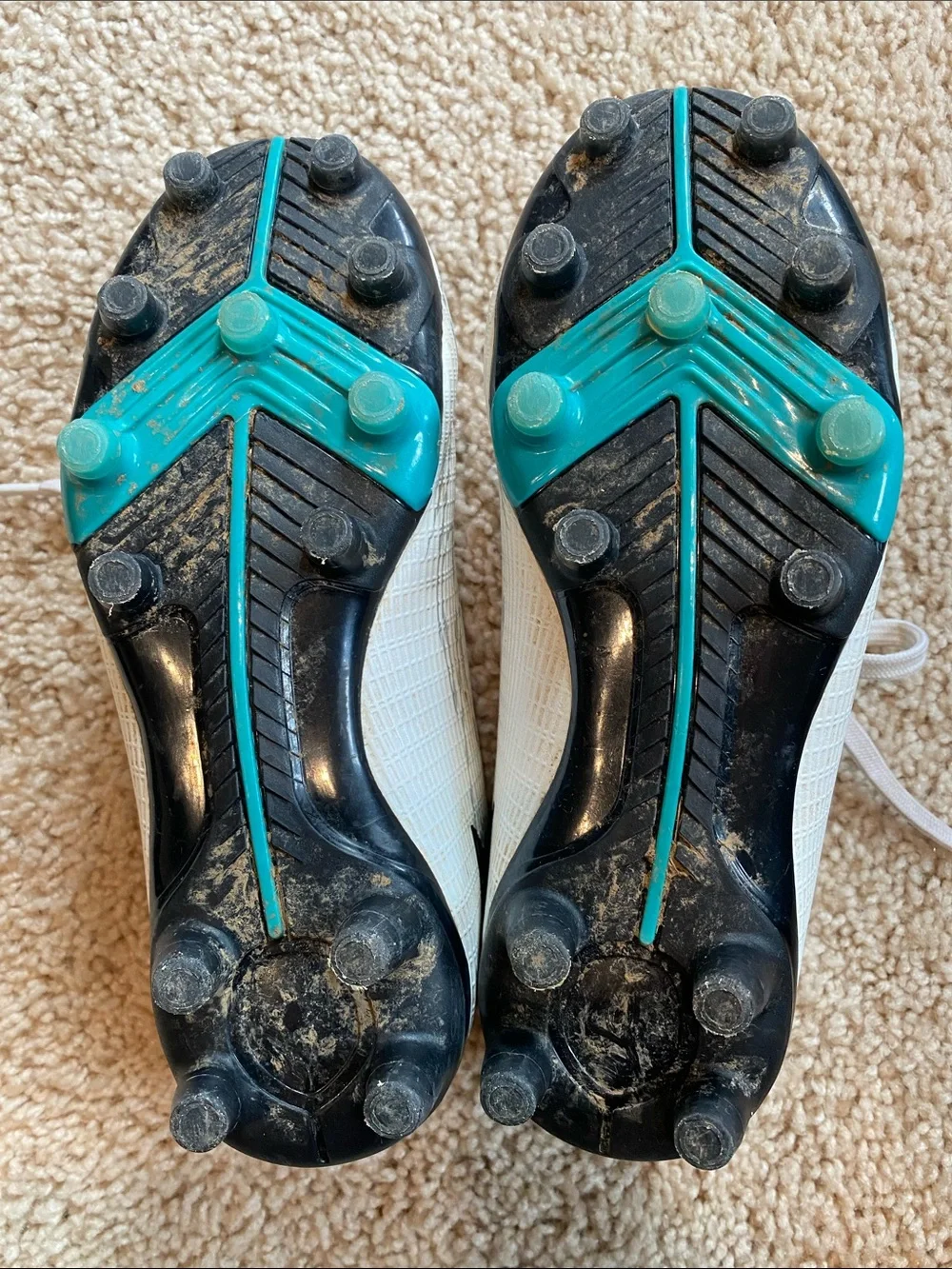 Kids White and Teal Soccer Cleats